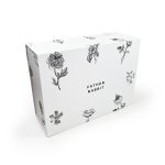 White background with black logo paper foldable box