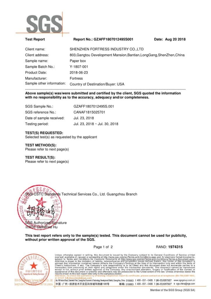 fortresspackage Supplier supplies Paper Box testing certificate-USA
