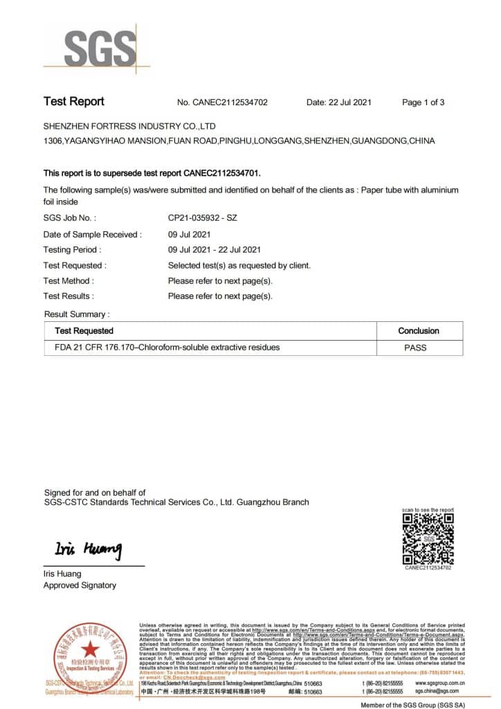 fortresspackage-com Paper Tube Boxes With Aluminum foil certificate-2021