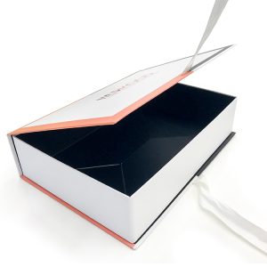 Art coated paper lamination foldable cardboard box with ribbon closure