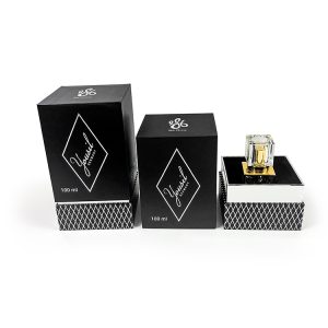 50ml/100ml perfume glass bottle packaging paper box with glossy silver foil stamping logo