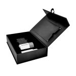 Matt black cardboard boxes with ribbon handle