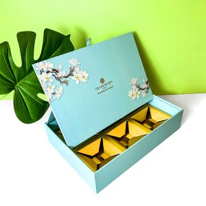 Fresh Blue Color Printing Flip Opened Rigid Boxes with Ribbon Handle and Customized Insert