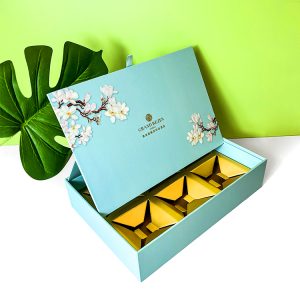 Fresh Blue Color Printing Flip Opened Rigid Boxes with Ribbon Handle and Customized Insert - Custom Printed Packaging Boxes - 1